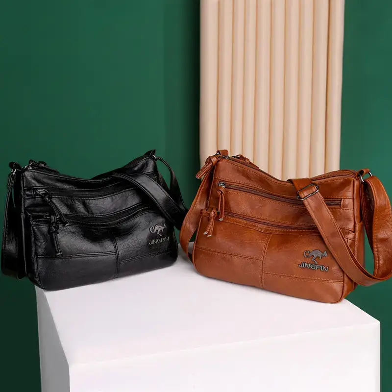 Women's Soft Leather Crossbody Bag Black Brown Multi Pocket