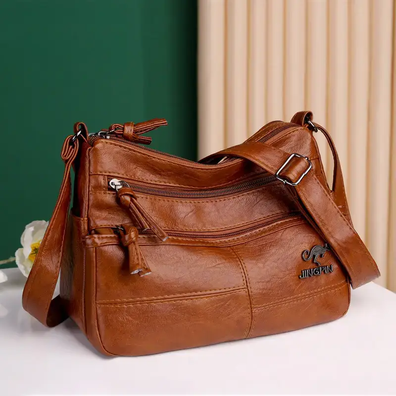 Women's Soft Leather Crossbody Bag Black Brown Multi Pocket