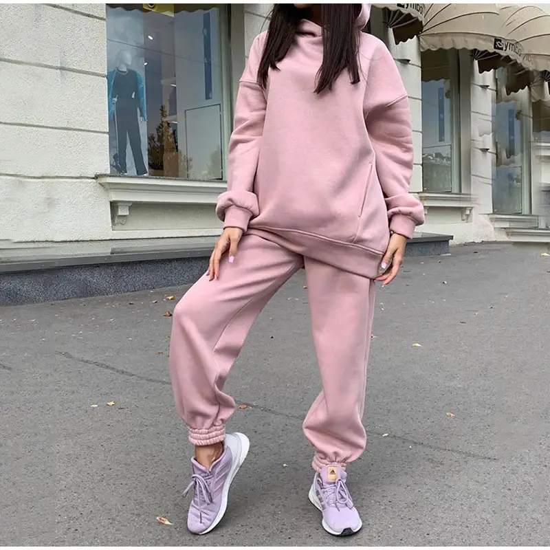 Women Pink Fleece Hooded Sweatpants Set