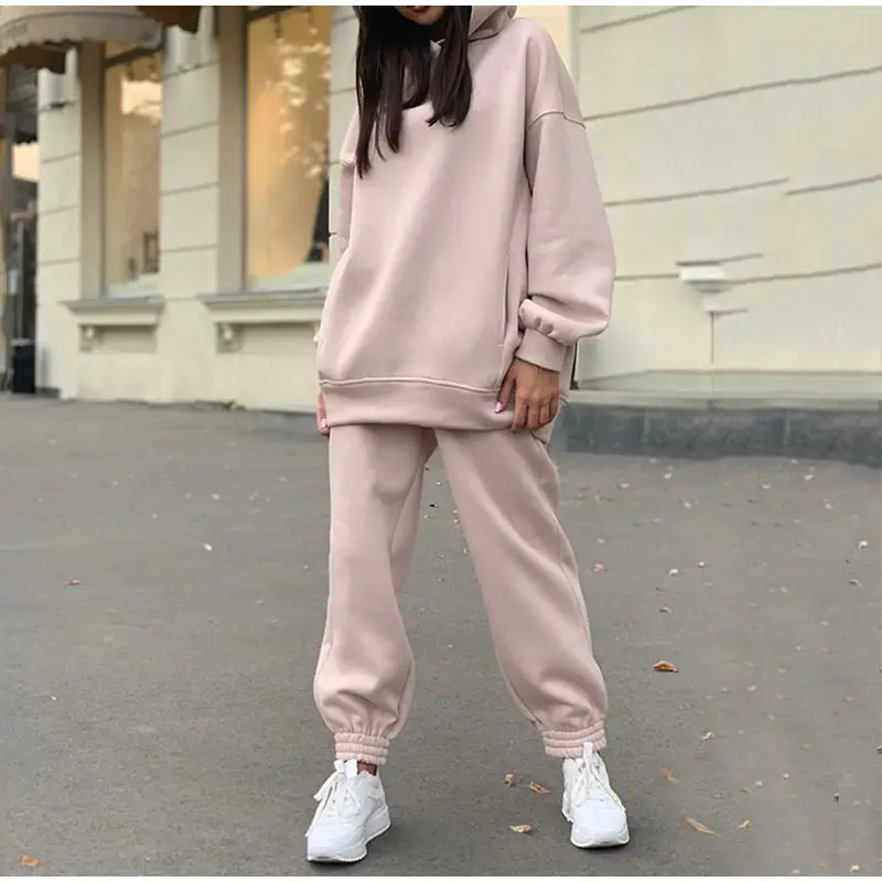 Women Pink Fleece Hooded Sweatpants Set