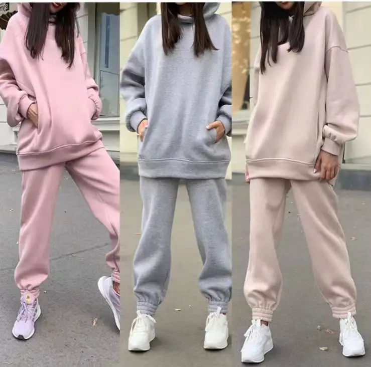 Women Pink Fleece Hooded Sweatpants Set — feature 19