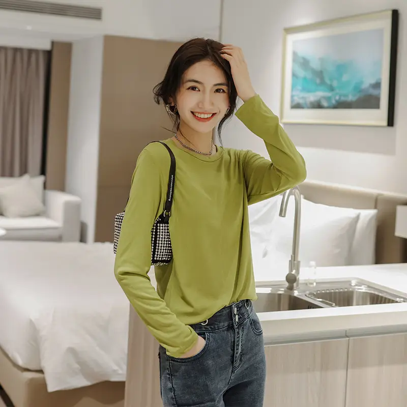 Women Brown Long Sleeve T-Shirt 2021 Autumn Slim Fit - Image 9