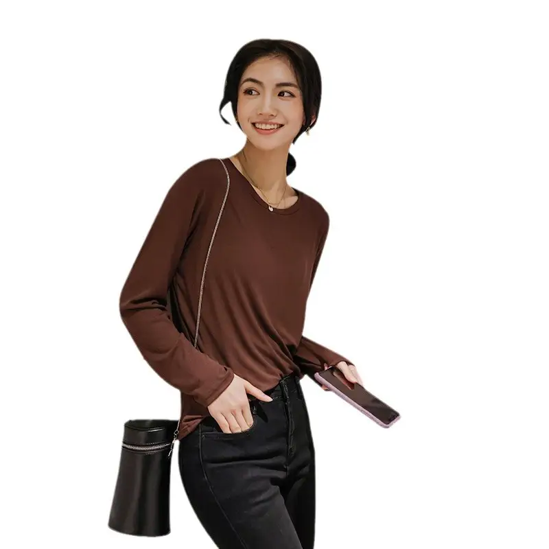 Women Brown Long Sleeve T-Shirt 2021 Autumn Slim Fit - Image 10