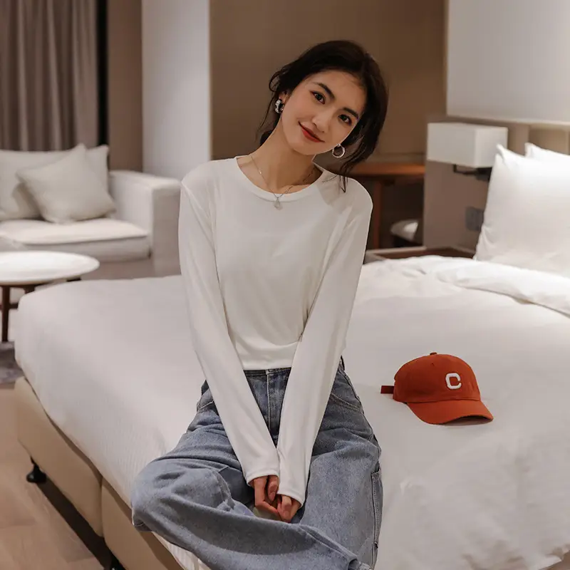 Women Brown Long Sleeve T-Shirt 2021 Autumn Slim Fit - Image 2