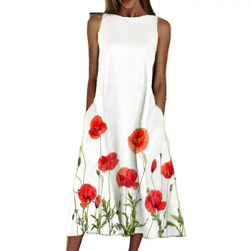 Women's Floral Print Sleeveless Dress White Summer - Image 20