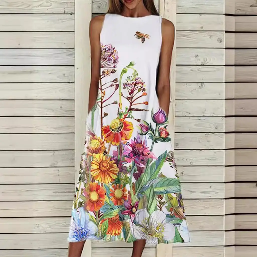Women's Floral Print Sleeveless Dress White Summer - Image 21