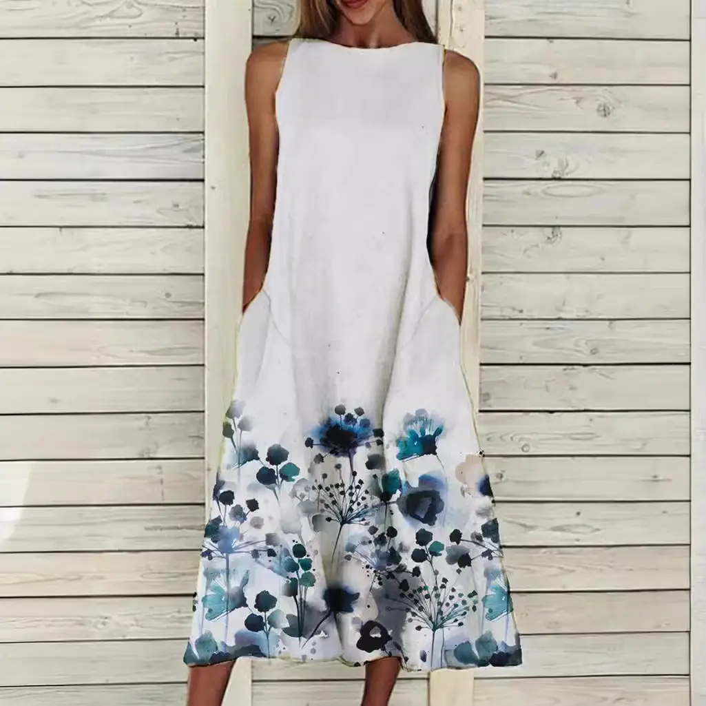 Women's Floral Print Sleeveless Dress White Summer - Image 22