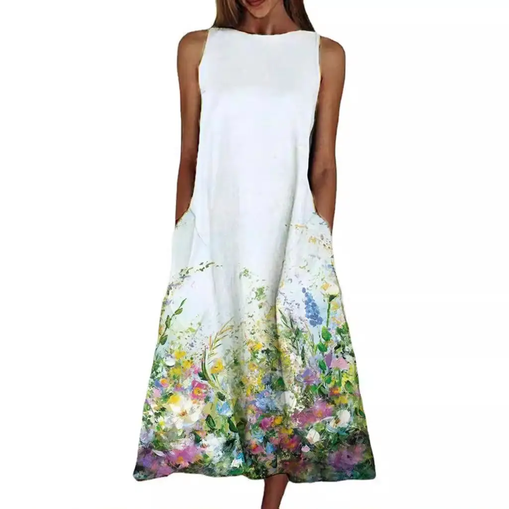 Women's Floral Print Sleeveless Dress White Summer - Image 23