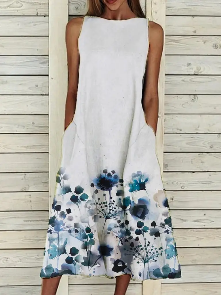 Women's Floral Print Sleeveless Dress White Summer - Image 2