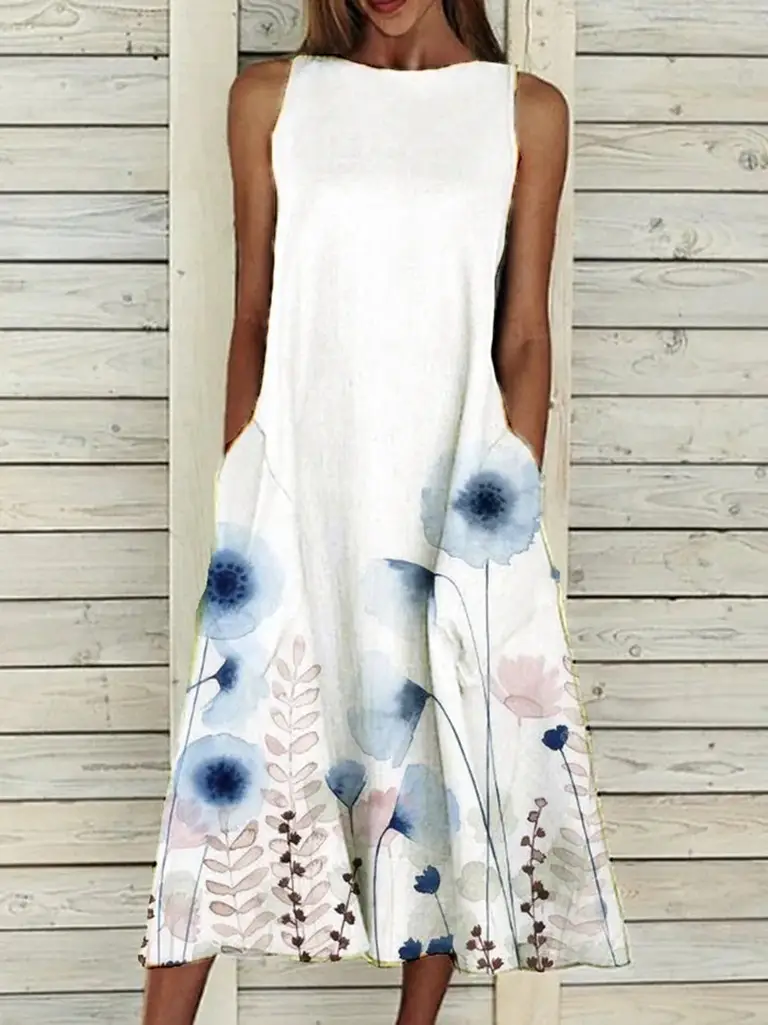 Women's Floral Print Sleeveless Dress White Summer - Image 3