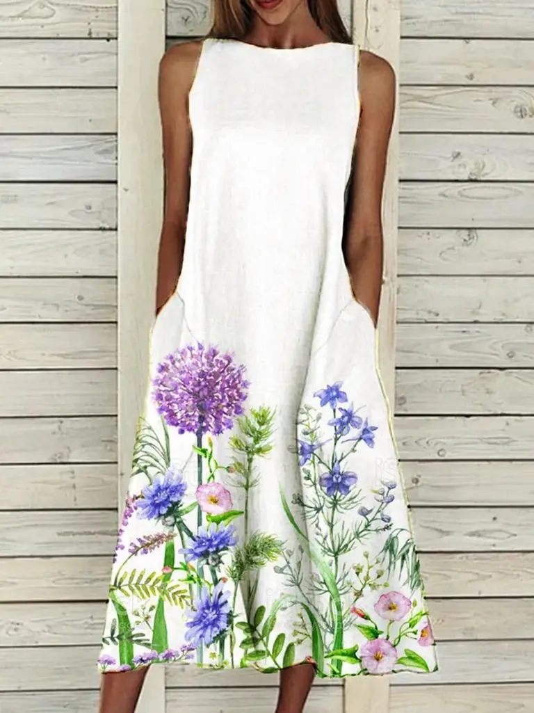 Women's Floral Print Sleeveless Dress White Summer - Image 5
