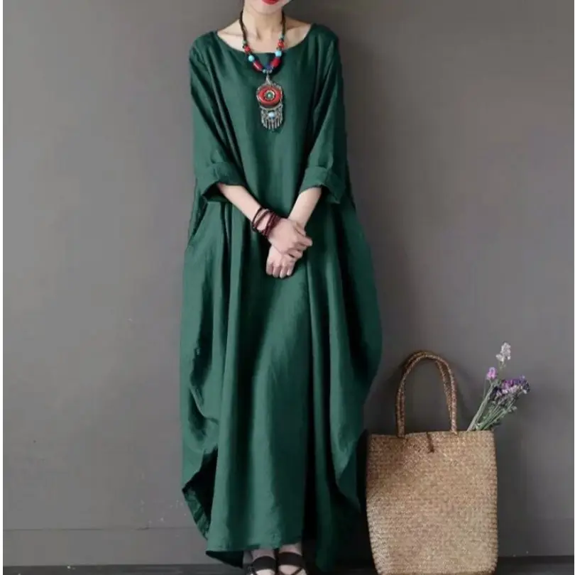 Plus Size Loose Fit Cotton Linen Long Dress Red Blue White