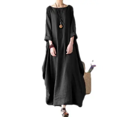 Plus Size Loose Fit Cotton Linen Long Dress Red Blue White