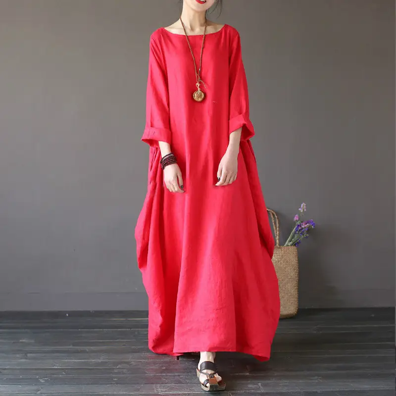 Plus Size Loose Fit Cotton Linen Long Dress Red Blue White — feature 11