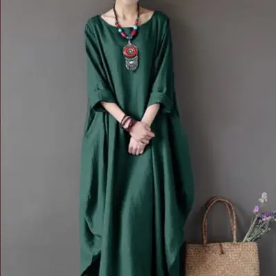 Plus Size Loose Fit Cotton Linen Long Dress Red Blue White — feature 13
