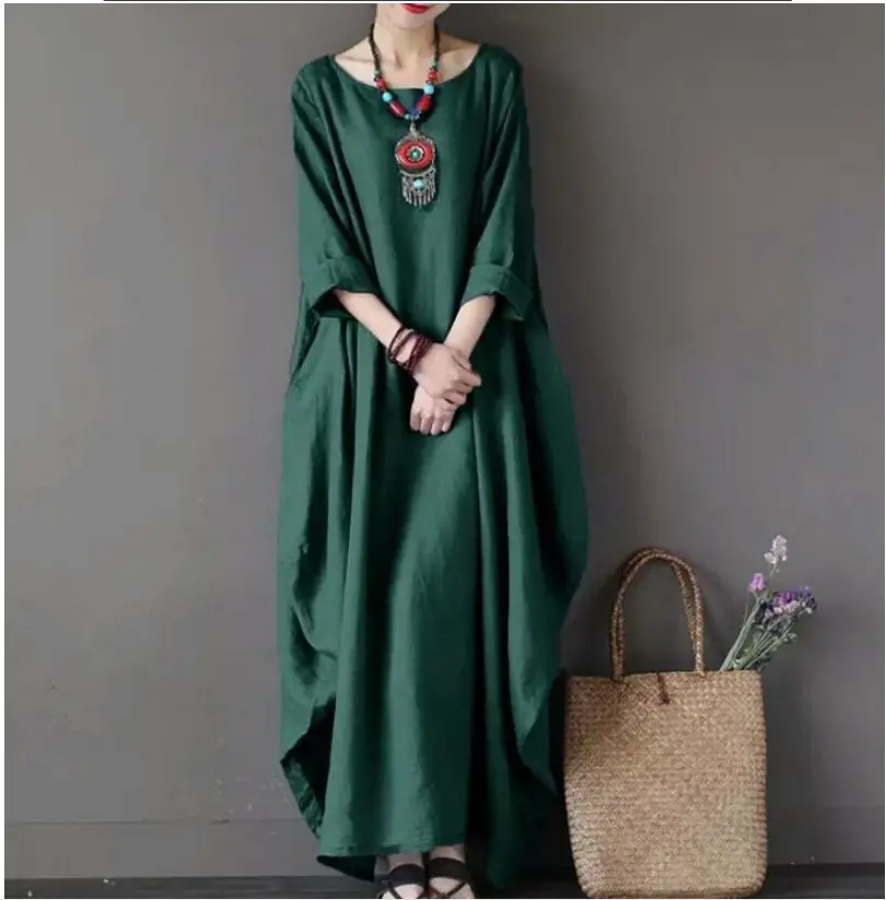 Plus Size Loose Fit Cotton Linen Long Dress Red Blue White — feature 14