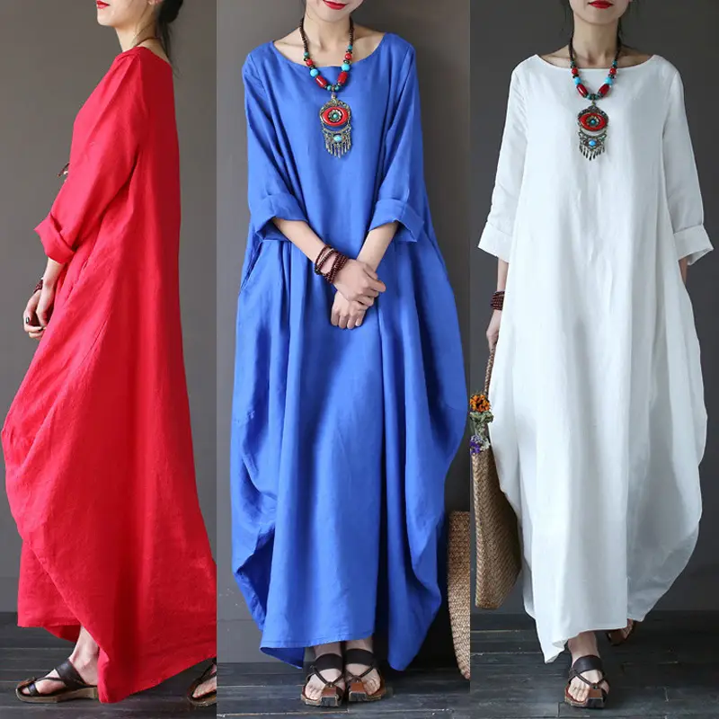 Plus Size Loose Fit Cotton Linen Long Dress Red Blue White — feature 2