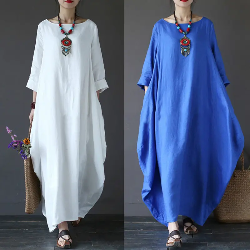 Plus Size Loose Fit Cotton Linen Long Dress Red Blue White — feature 4