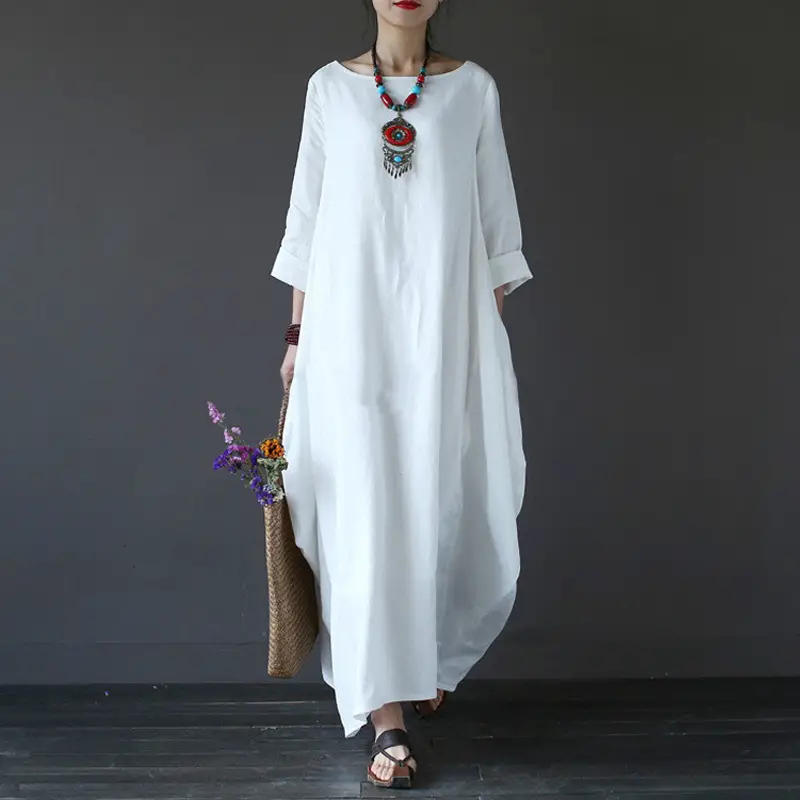 Plus Size Loose Fit Cotton Linen Long Dress Red Blue White — feature 7