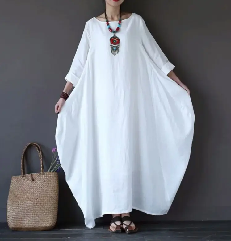 Plus Size Loose Fit Cotton Linen Long Dress Red Blue White — feature 8