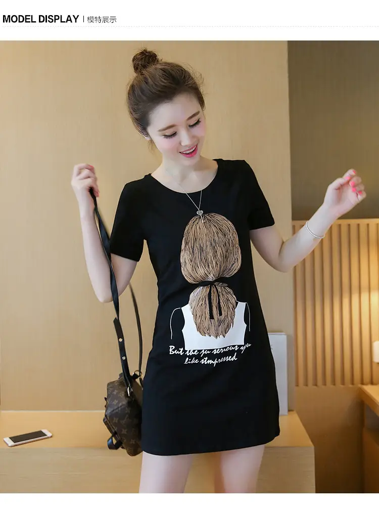 Women Black Printed T-Shirt Mid Length Short Sleeve 2025 — feature 11