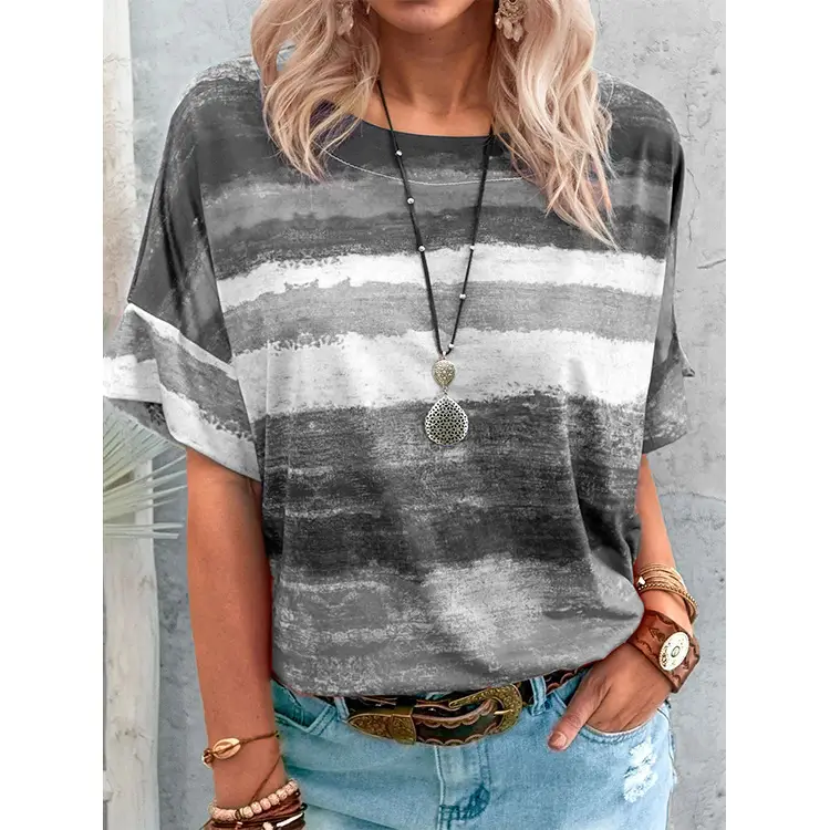 Women Gradient Striped T-Shirt Short Sleeve 2026