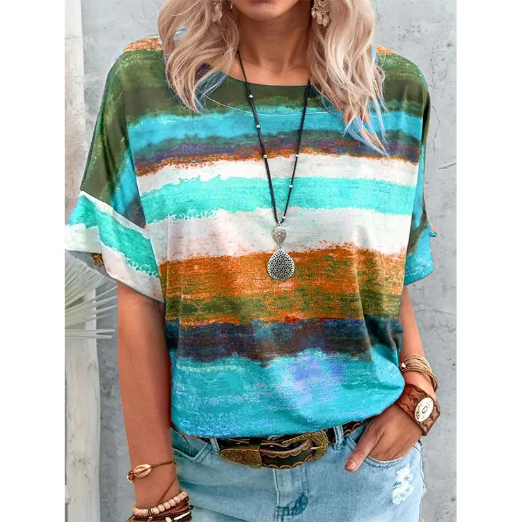 Women Gradient Striped T-Shirt Short Sleeve 2026