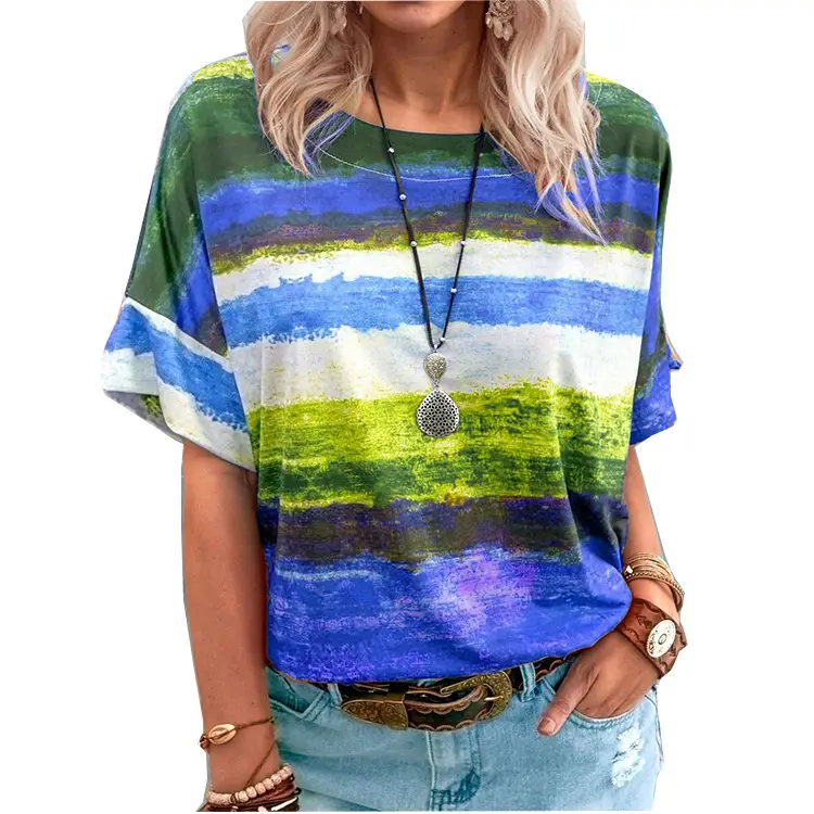 Women Gradient Striped T-Shirt Short Sleeve 2026