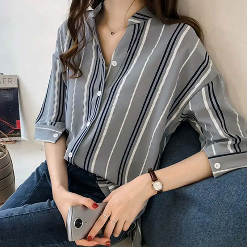 Women Korean Style Striped Shirt Large Size 3Q Sleeve V Neck - Image 6