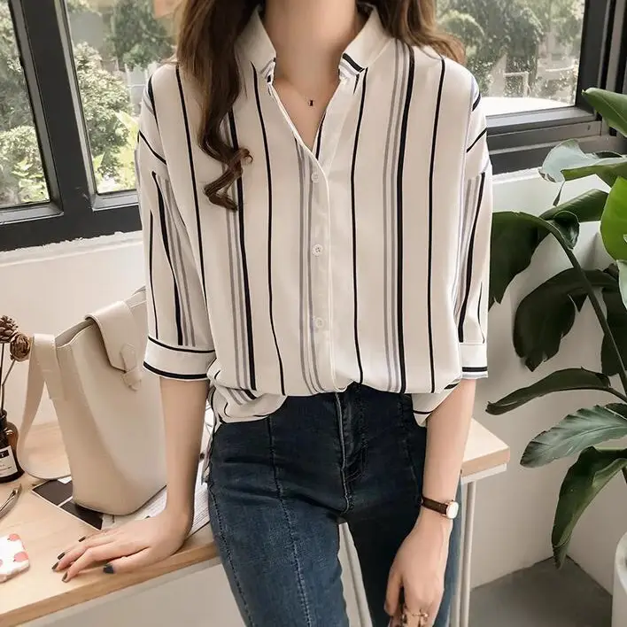 Women Korean Style Striped Shirt Large Size 3Q Sleeve V Neck - Image 8