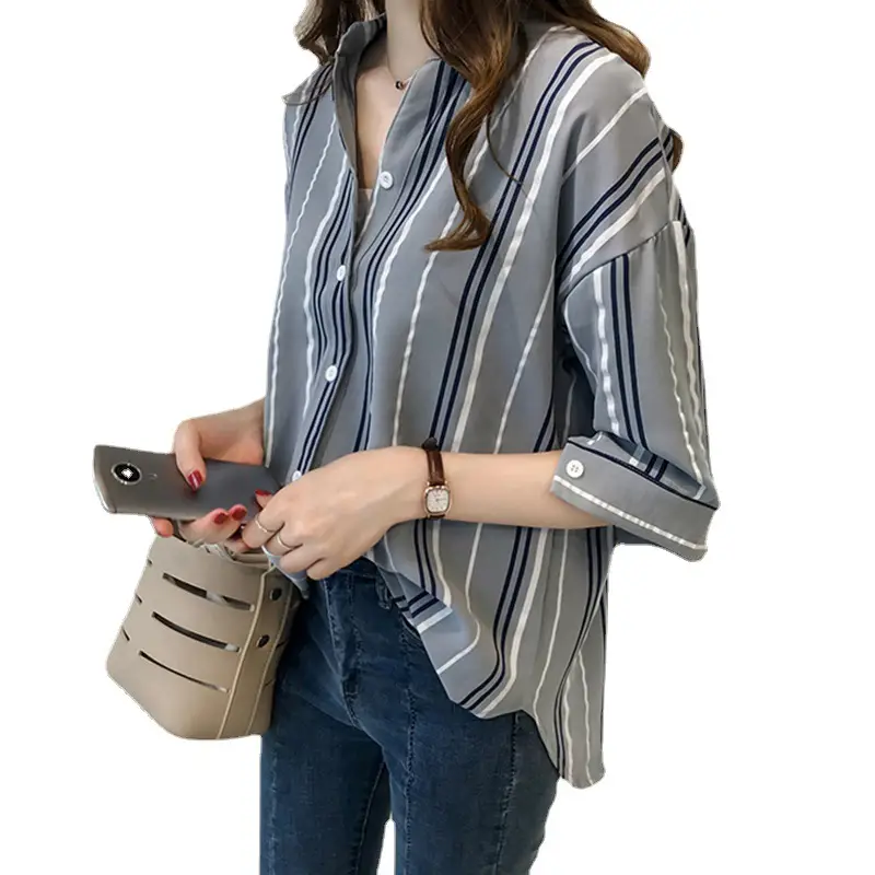 Women Korean Style Striped Shirt Large Size 3Q Sleeve V Neck - Image 9