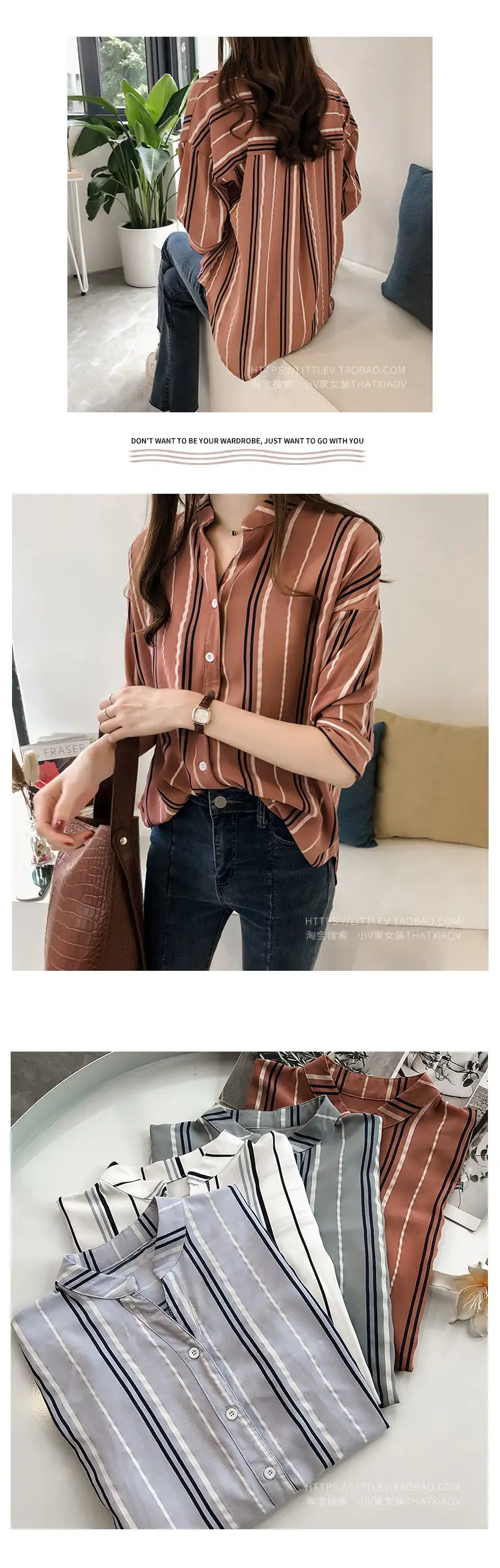 Women Korean Style Striped Shirt Large Size 3Q Sleeve V Neck — feature 11