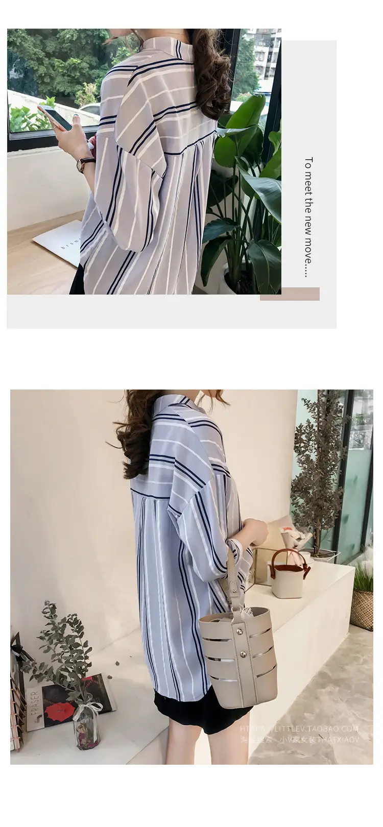 Women Korean Style Striped Shirt Large Size 3Q Sleeve V Neck — feature 13