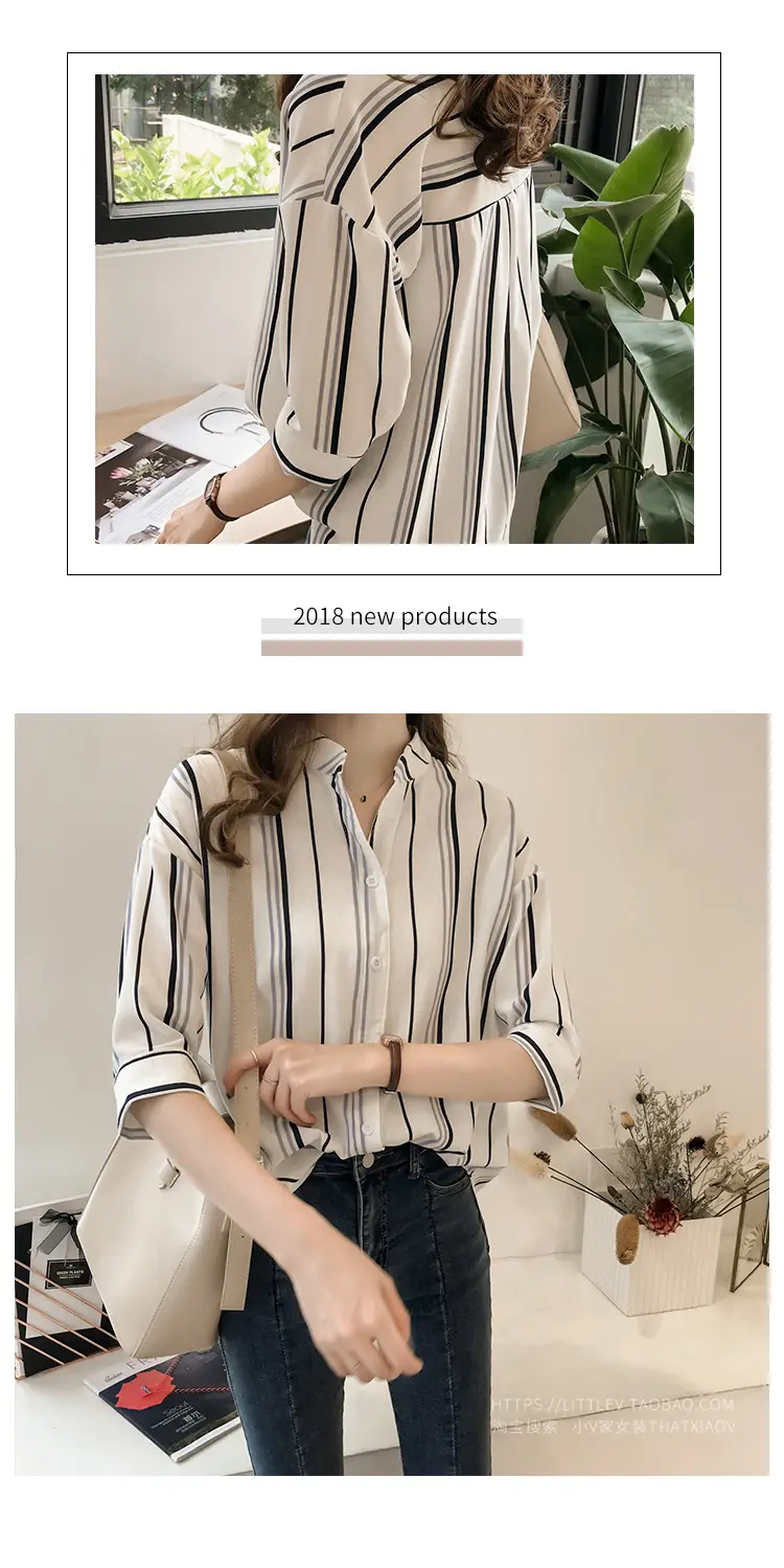 Women Korean Style Striped Shirt Large Size 3Q Sleeve V Neck — feature 14