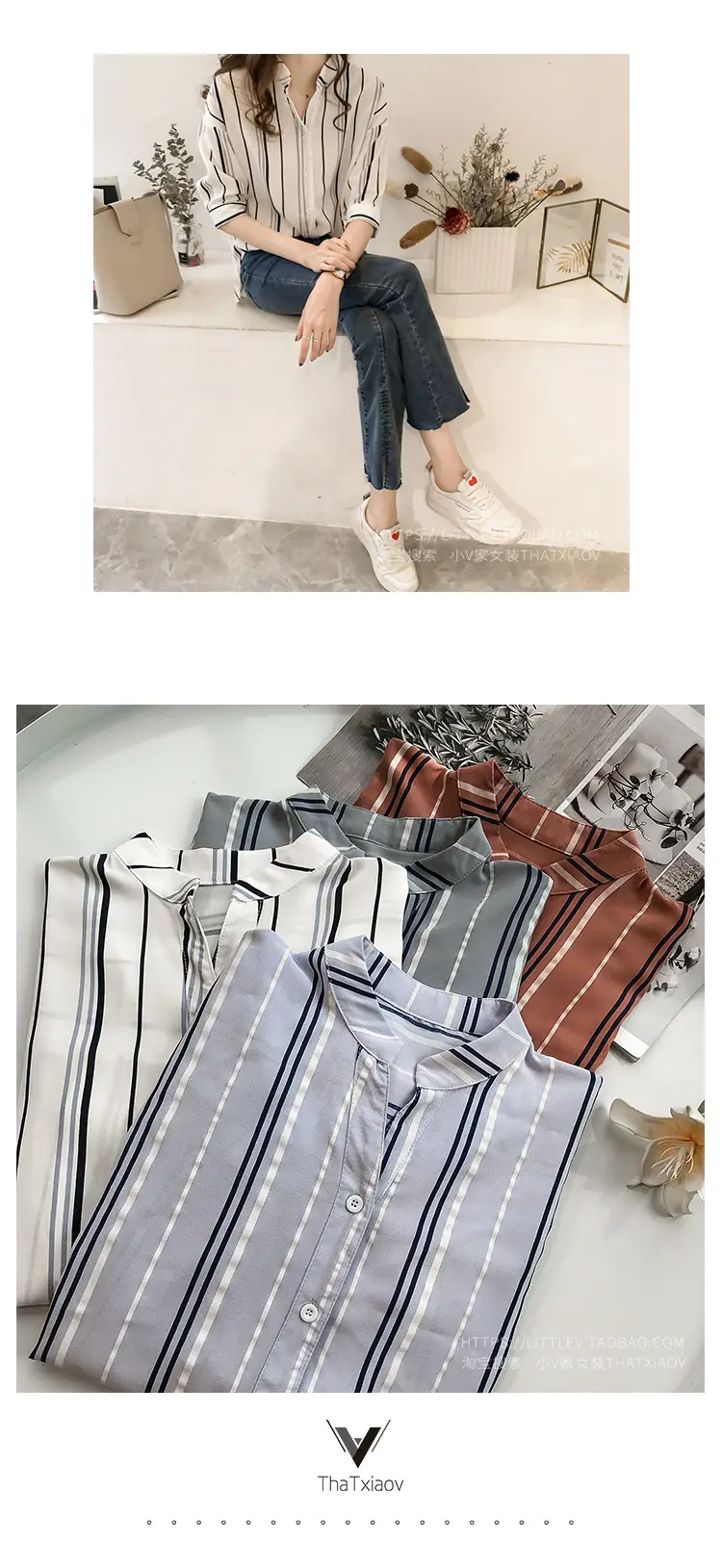 Women Korean Style Striped Shirt Large Size 3Q Sleeve V Neck — feature 16