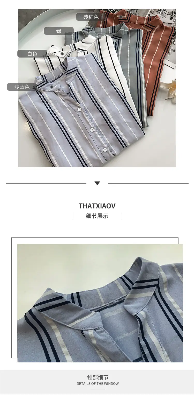 Women Korean Style Striped Shirt Large Size 3Q Sleeve V Neck — feature 4