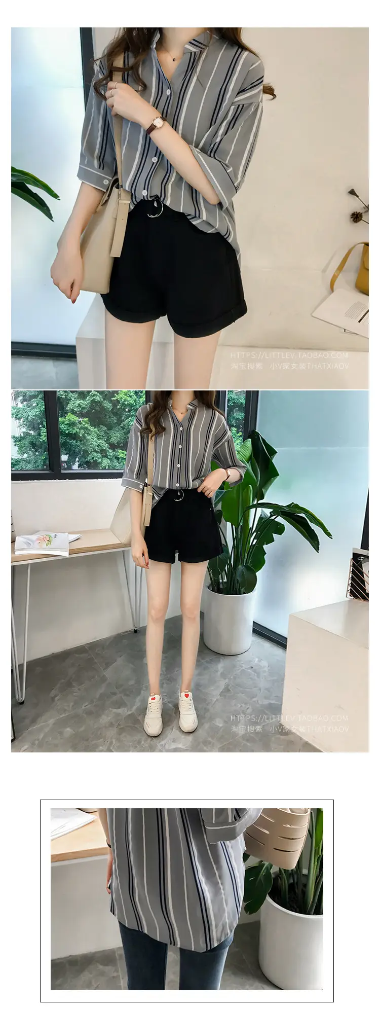 Women Korean Style Striped Shirt Large Size 3Q Sleeve V Neck — feature 7