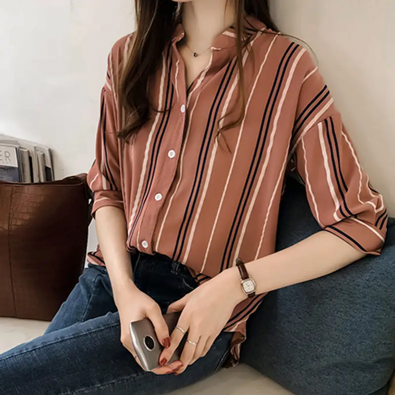 Women Korean Style Striped Shirt Large Size 3Q Sleeve V Neck - Image 2
