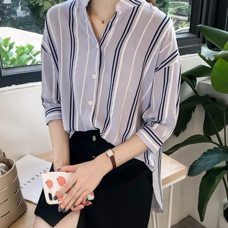 Women Korean Style Striped Shirt Large Size 3Q Sleeve V Neck - Image 4