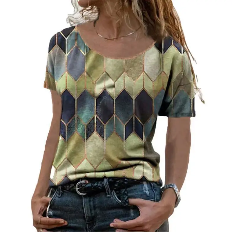 Women Diamond Printed Short Sleeve T-Shirt Round Neck - Image 9