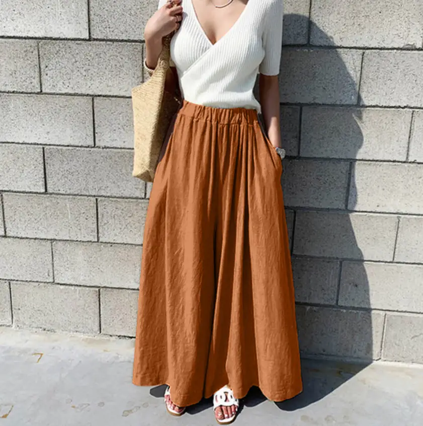 Wide Leg Pants for Women 2025 Cotton Yellow - Image 4