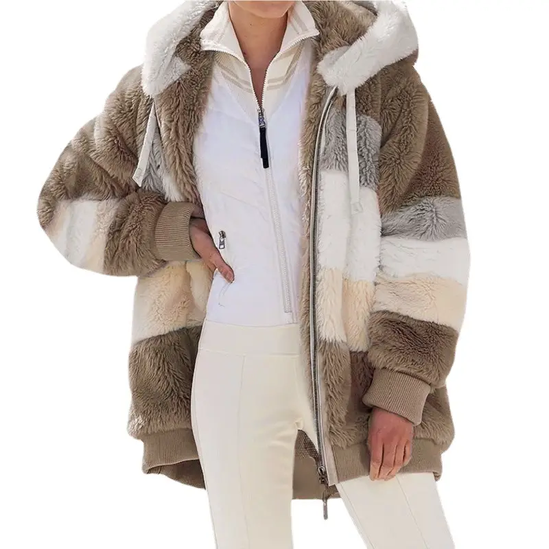 Women Hooded Plush Patchwork Jacket Green White Zipper - Image 16