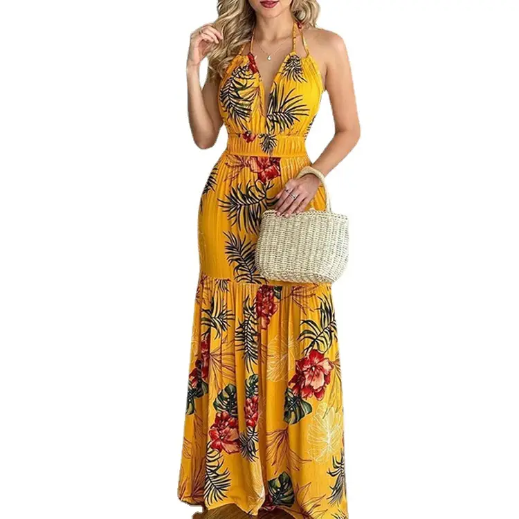 2023 Printed Backless Long Dress Green Floral - Image 7