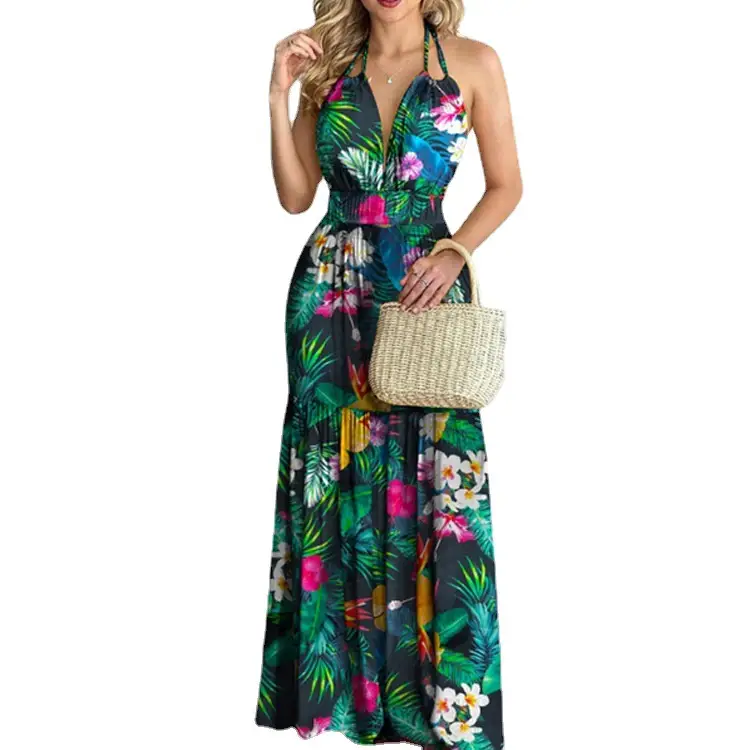 2023 Printed Backless Long Dress Green Floral - Image 9
