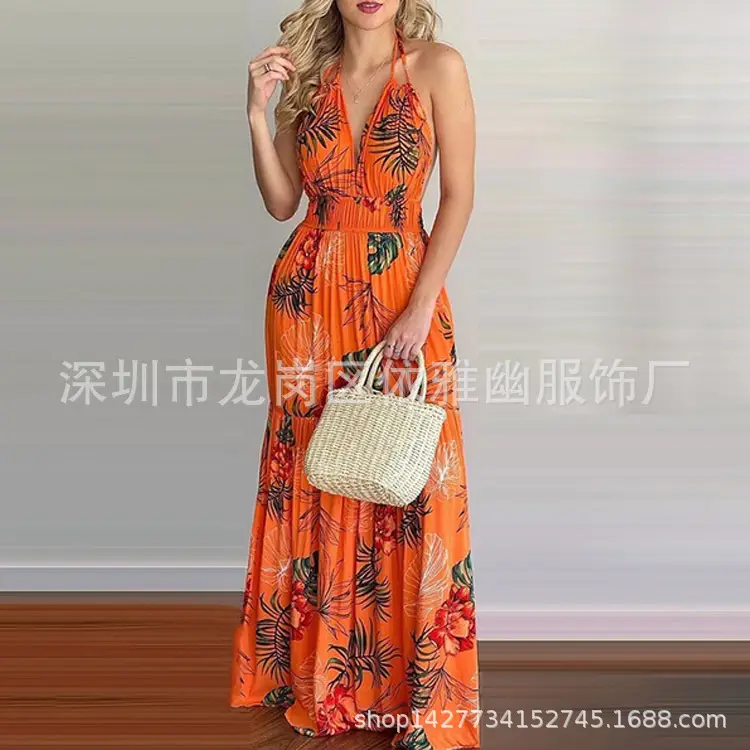 2023 Printed Backless Long Dress Green Floral - Image 2