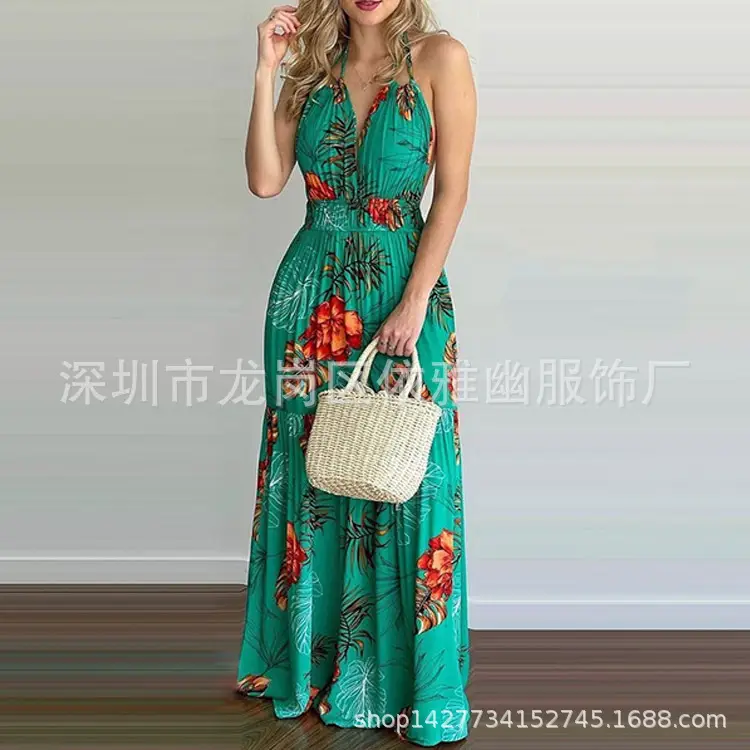 2023 Printed Backless Long Dress Green Floral - Image 3