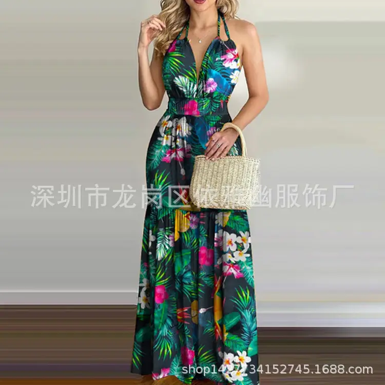 2023 Printed Backless Long Dress Green Floral - Image 5