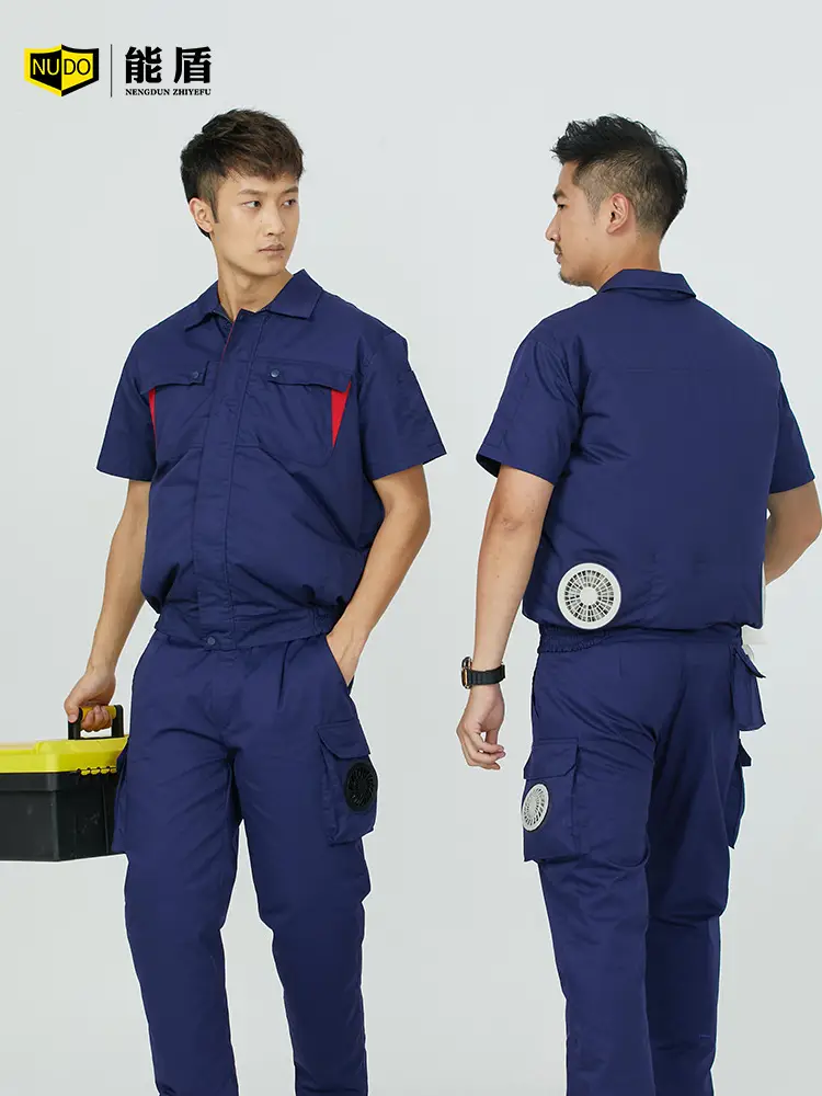 Men Navy Blue Short Sleeve Work Shirt with Red Accents