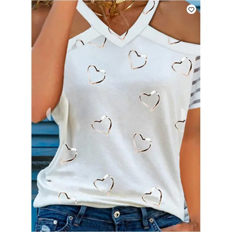 Women V-Neck Printed Cotton T-Shirt Cold Shoulder - Image 5