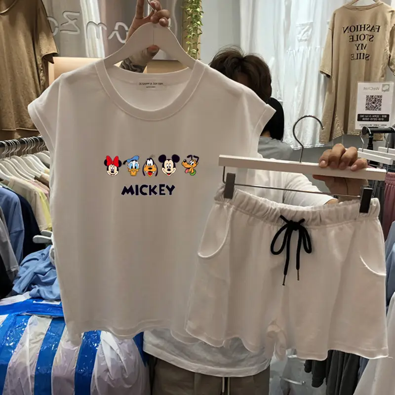 Women 2Pc Mickey Print Grey Shorts Set Summer